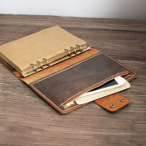 Leather Zipper Binder with Pen Loop and Card Pocket - Distressed Brown