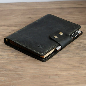 Customizable Binder Leather Journal with Pockets and Pen Slot - Black