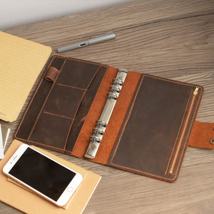 Leather Zipper Binder with Pen Loop and Card Pocket - Distressed Brown