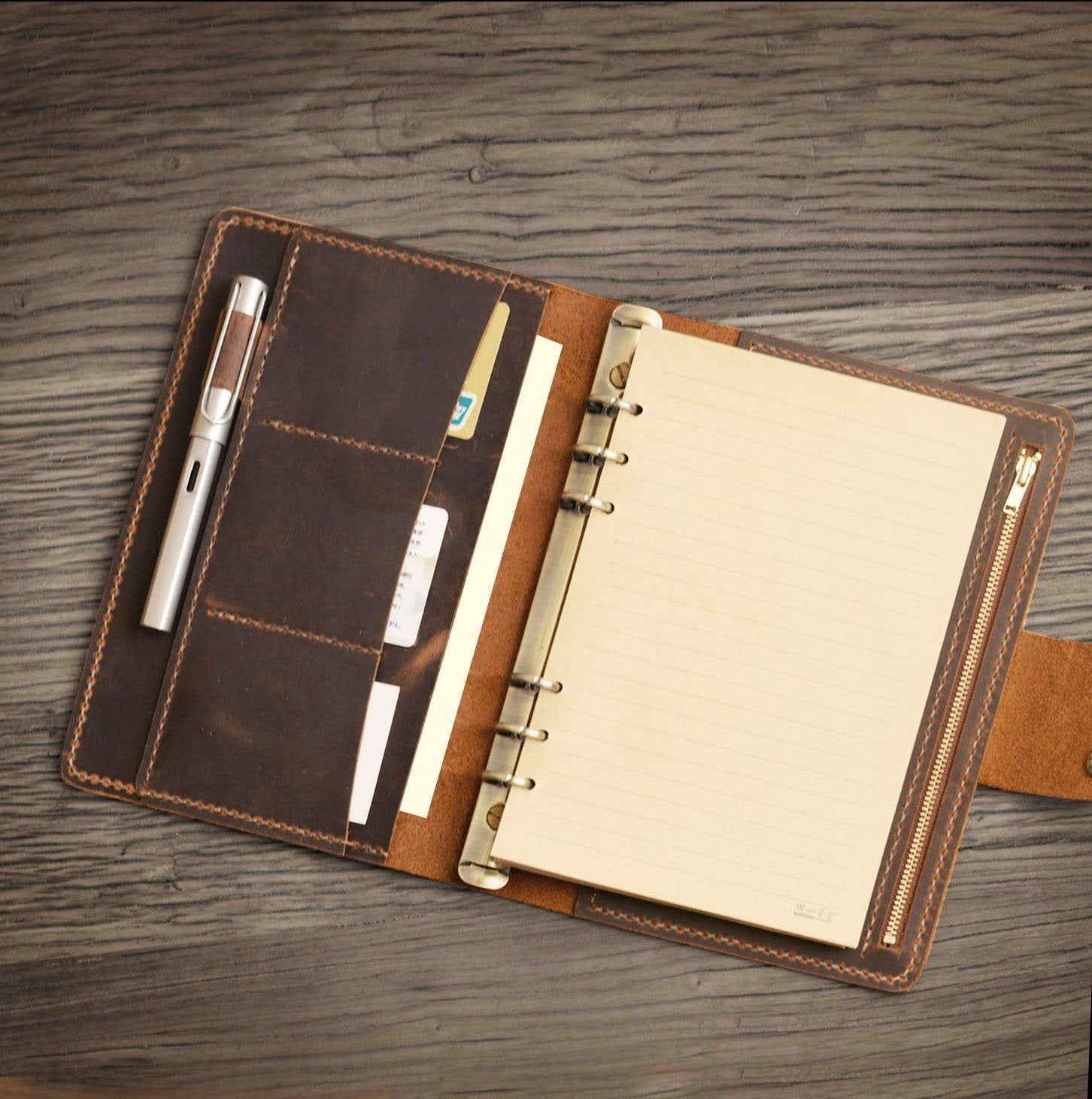 Leather Zipper Binder with Pen Loop and Card Pocket - Distressed Brown - 705 Lined / No Leather Zipper Binder with Pen Loop and Card Pocket - Distressed Brown - 705 Lined / No