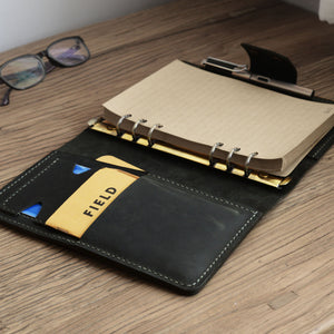 Customizable Binder Leather Journal with Pockets and Pen Slot - Black