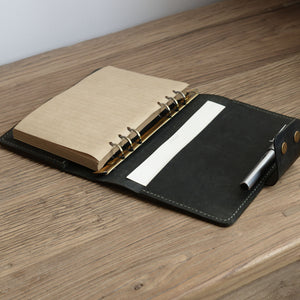 Customizable Binder Leather Journal with Pockets and Pen Slot - Black