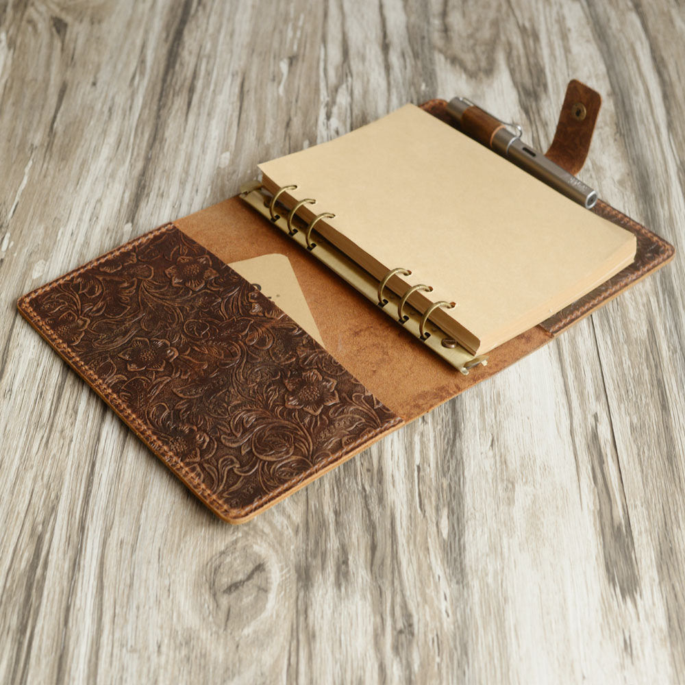 Distressed Tooled Leather 6 Ring Binder Leather Journals - Leather Folder - 707 A6 / Blank Distressed Tooled Leather 6 Ring Binder Leather Journals - Leather Folder - 707 A6 / Blank