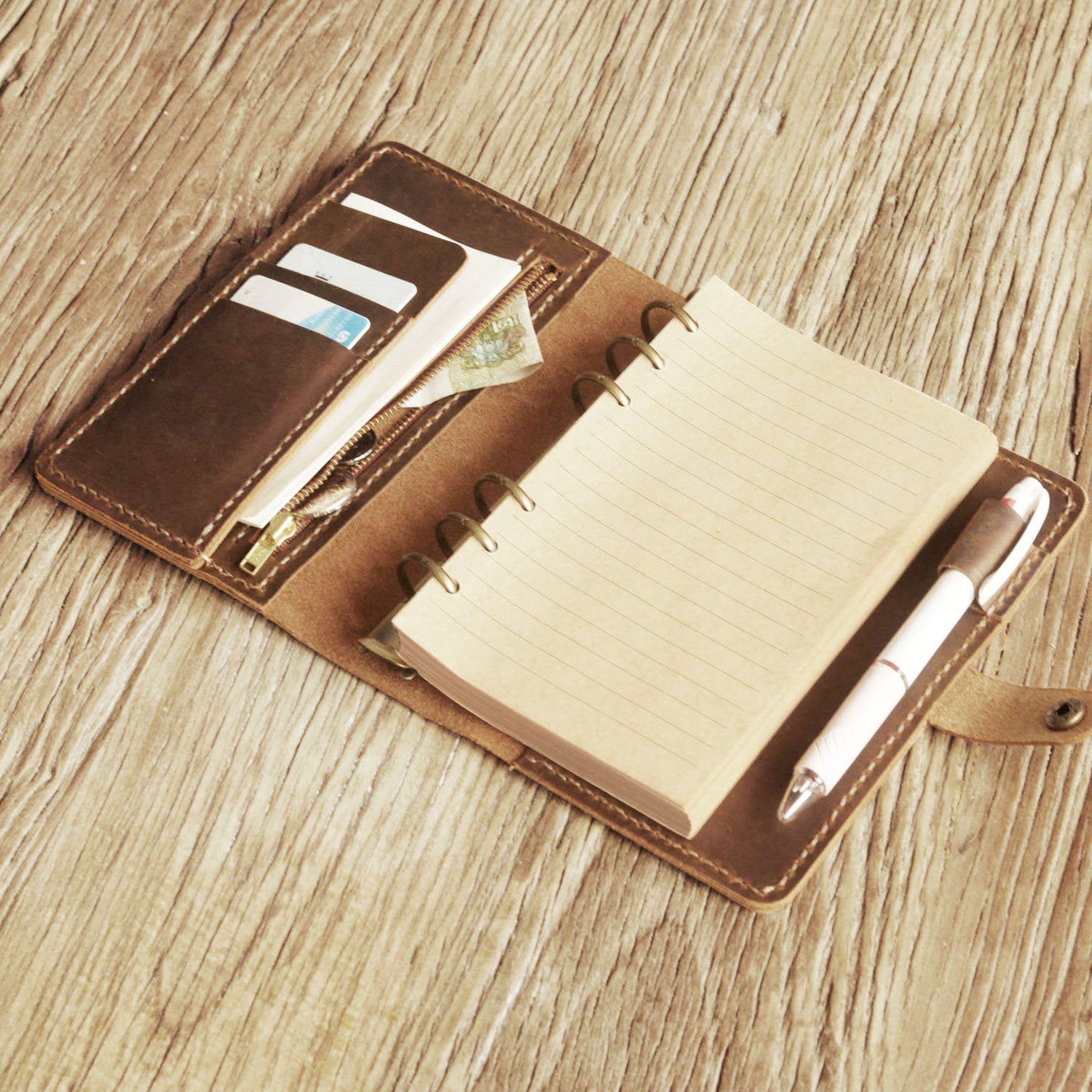 Leather Portfolio with Zipper Pocket - Filofax Personal Planner Cover
