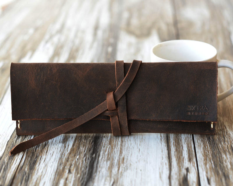 Personalized Leather Roll Make Up Pencil Case 205 / Pen / Sunglasses Eyeglasses, Cow Leather, Handmade Hand Stitched,