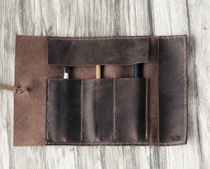 Leather Pencil Case Roll - Distressed Brown
