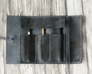 Leather Pencil Case Roll - Distressed Grey