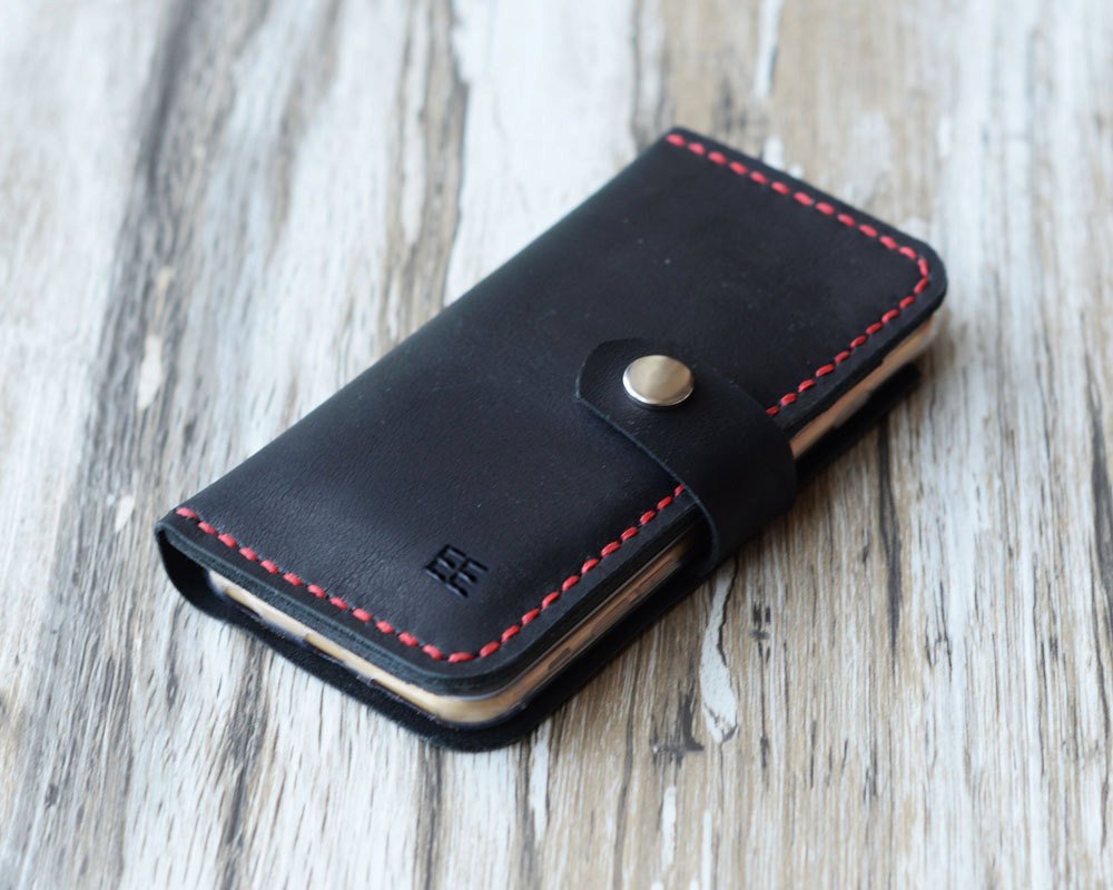 Leather iPhone Wallet Case - Handmade - Black